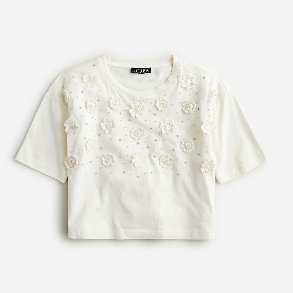 J. Crew Crew Neck Cropped T-Shirt with Crochet Floral Appliqués White Small